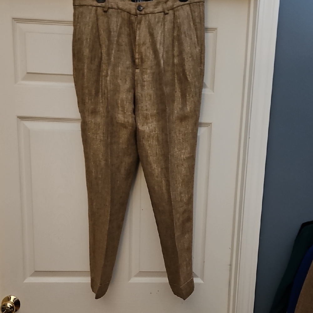 Ralph Lauren Women's Metallic Gold Herringbone Cuffed Dress Pants